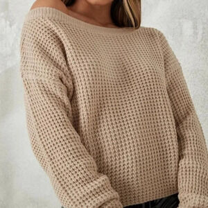 NWT Missguided | Off The Shoulder Waffle Knit Jumper Sweater in Stone - Size 6/8